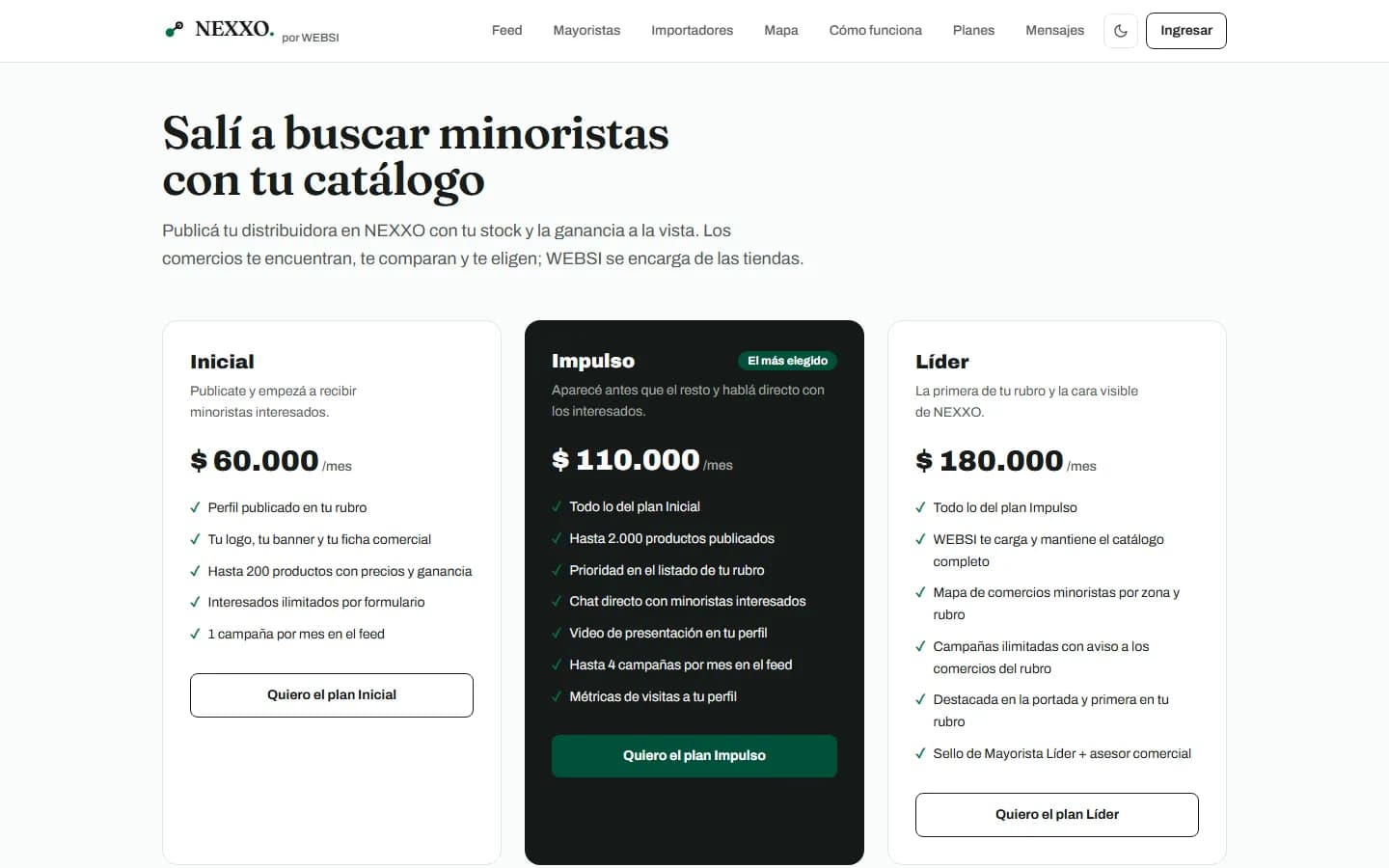 Pantalla 04 de NEXXO: Planes para mayoristas